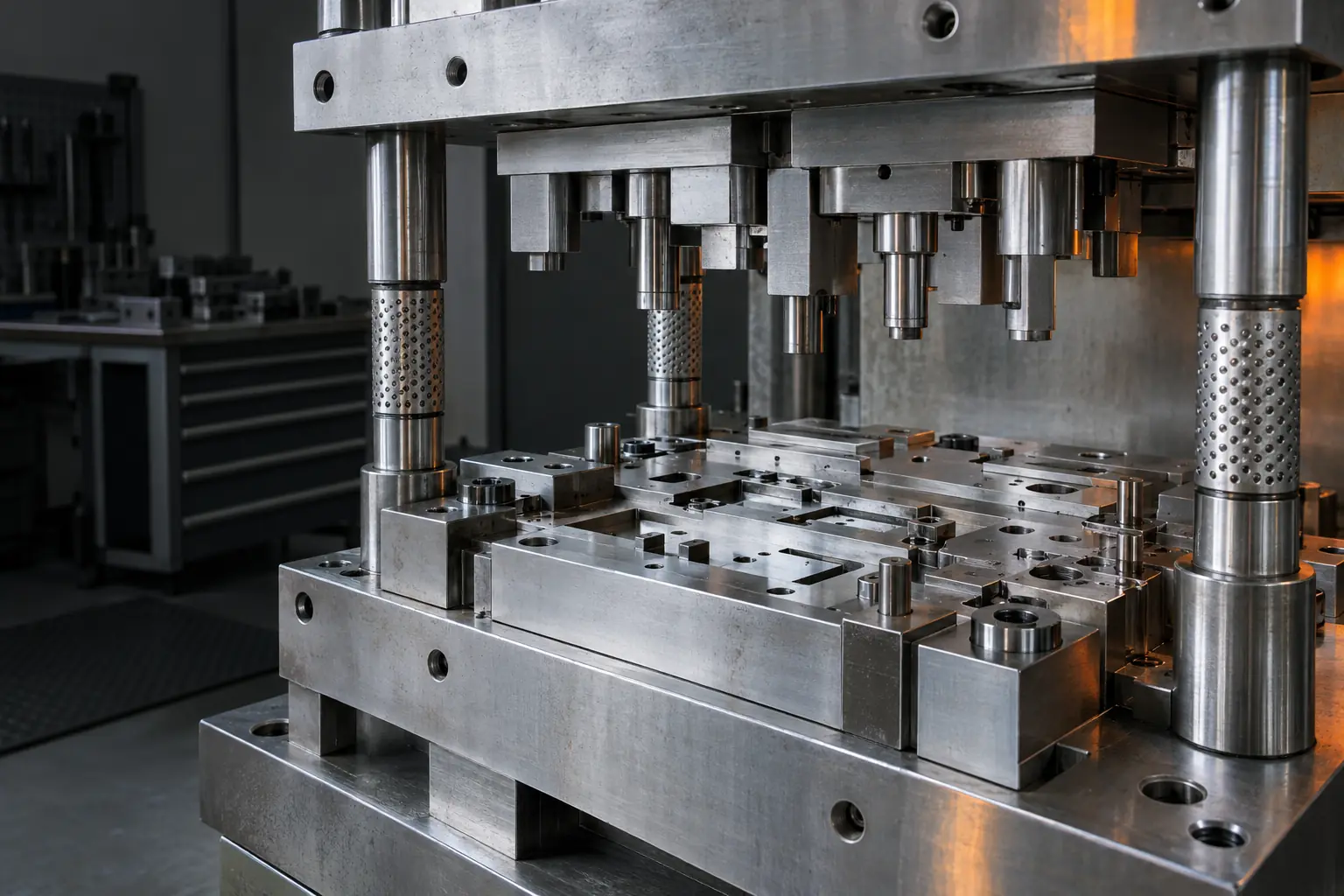Opened precision press tool showing machined plates, guide pillars and working details