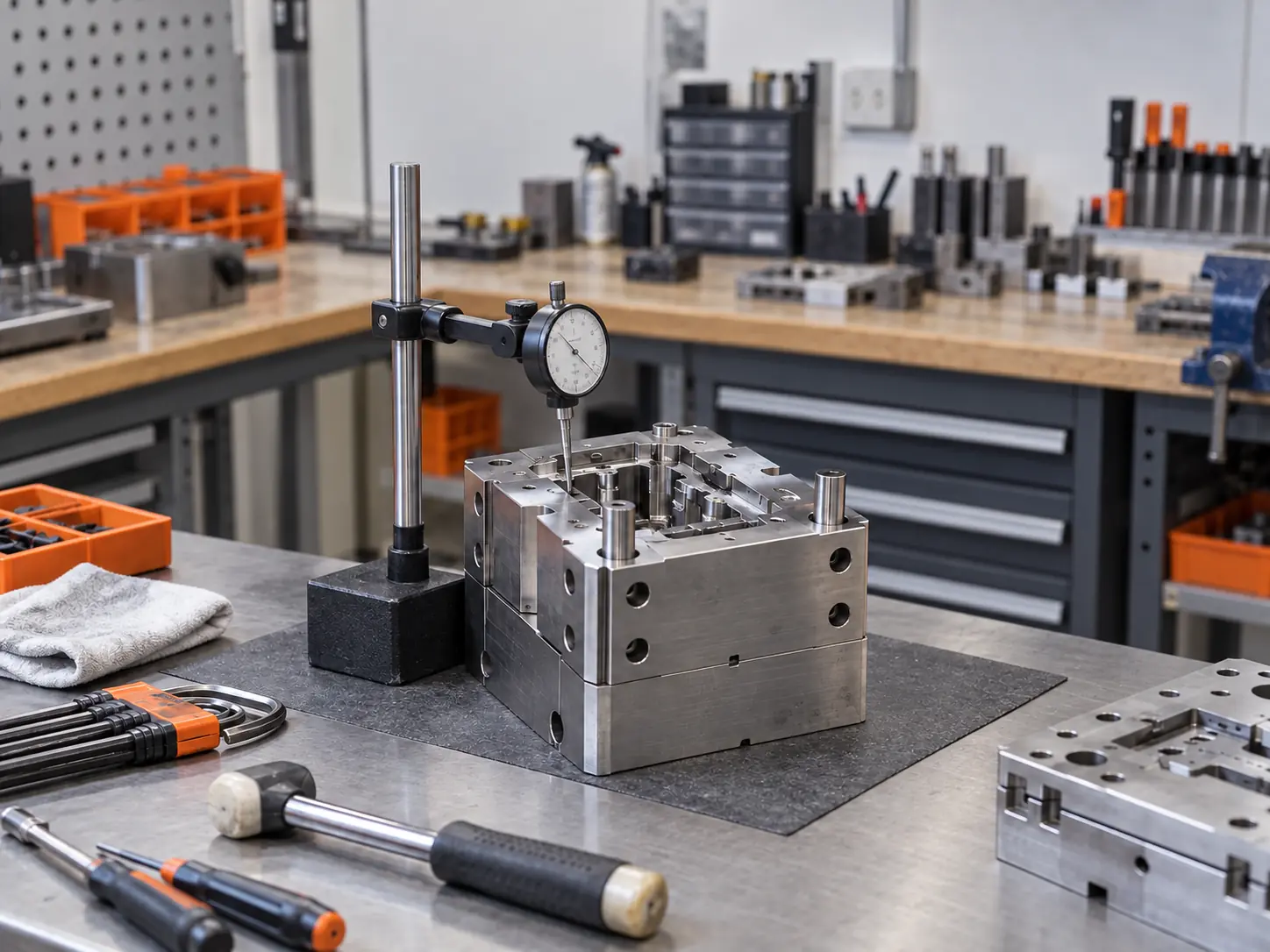 Precision mould block set up for inspection with a dial indicator