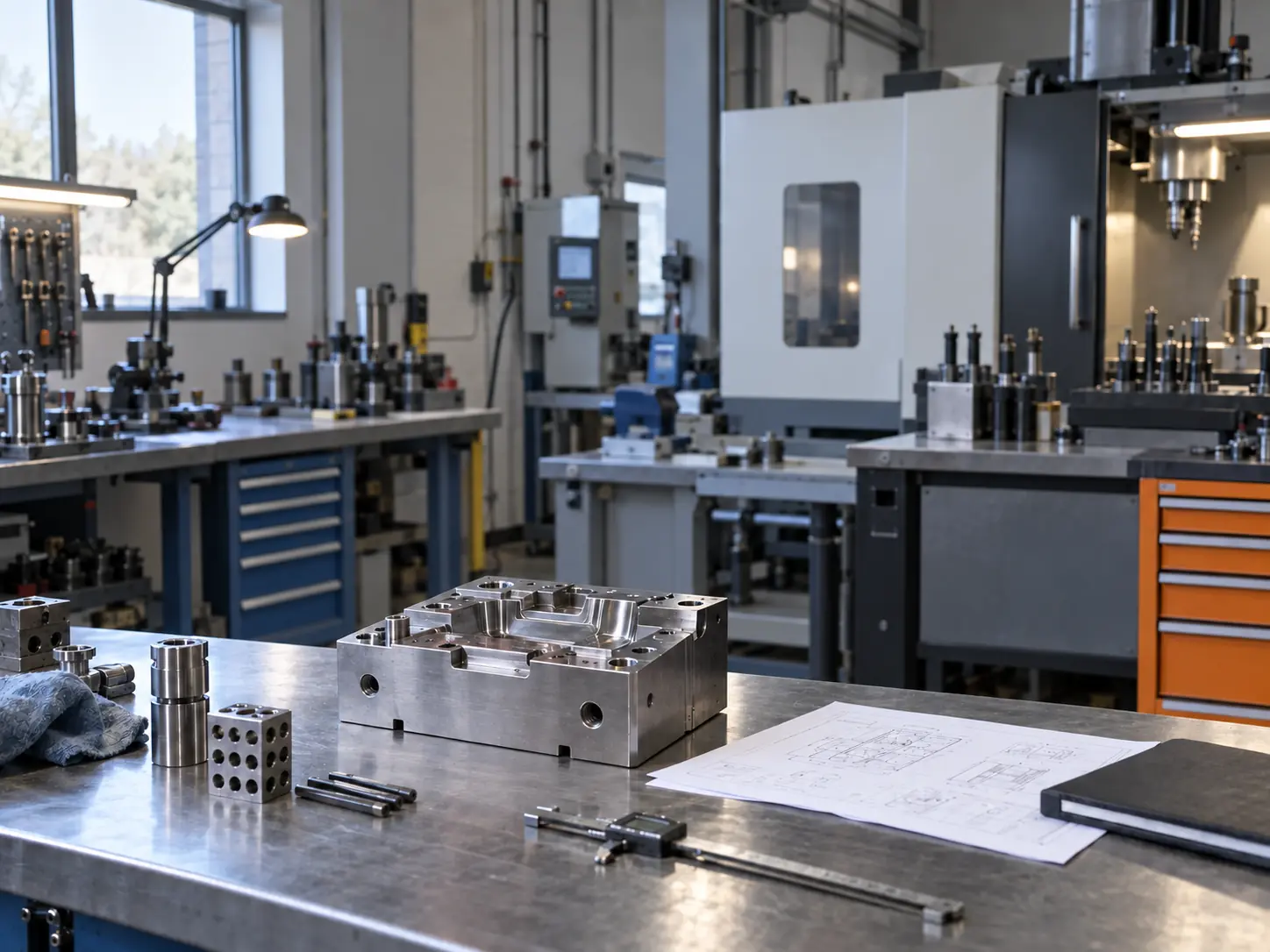 Machined mould, technical drawing and inspection tools arranged for review