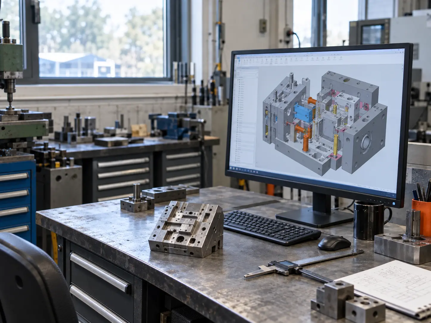 Tool design workstation with a CAD mould model and machined insert